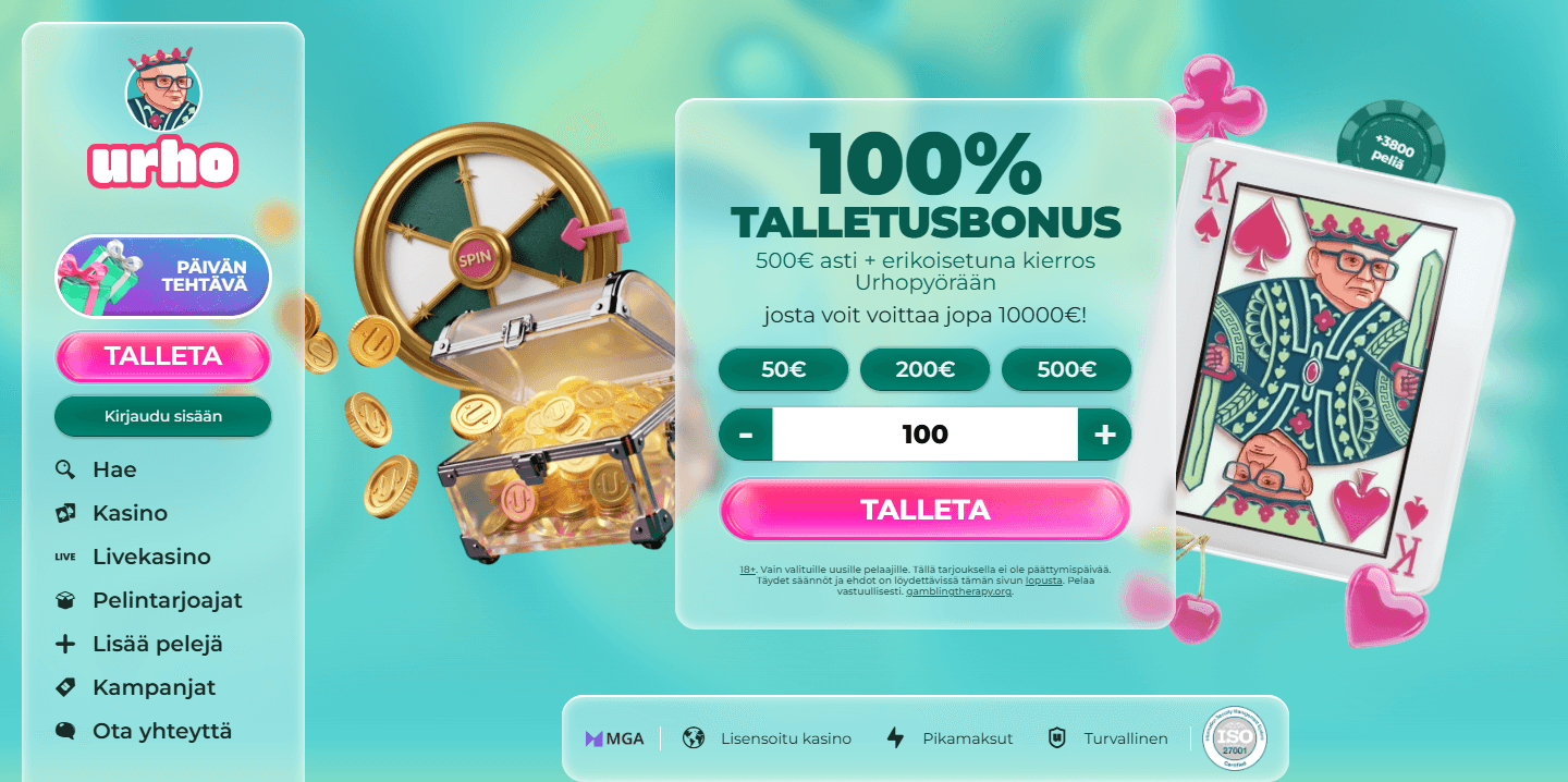 Urho Kasino-sivuston käyttöliittymä tarkistushetkellä